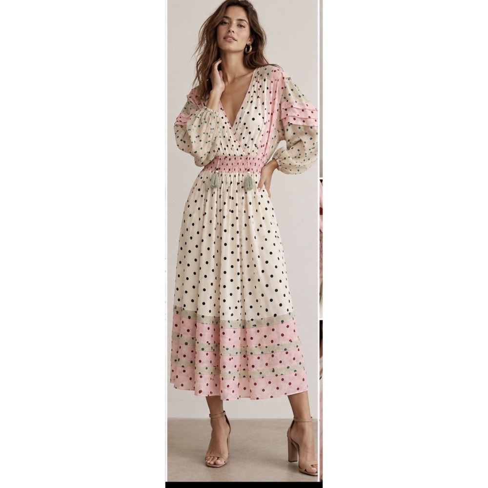 Vintage Diane Freis Georgette Dress Polka Dot Midi Boho Romantic Tassel Sleeve